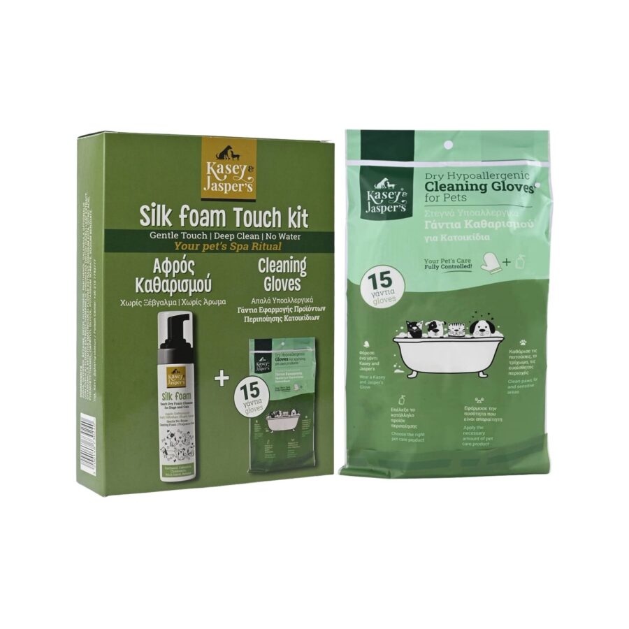 Kasey & Jasper’s SilkFoam Dry Touch Kit Σετ Στεγνού Καθαρισμού για Σκύλους Αφρός 200ml & 30 Γάντια Μίας Χρήσης